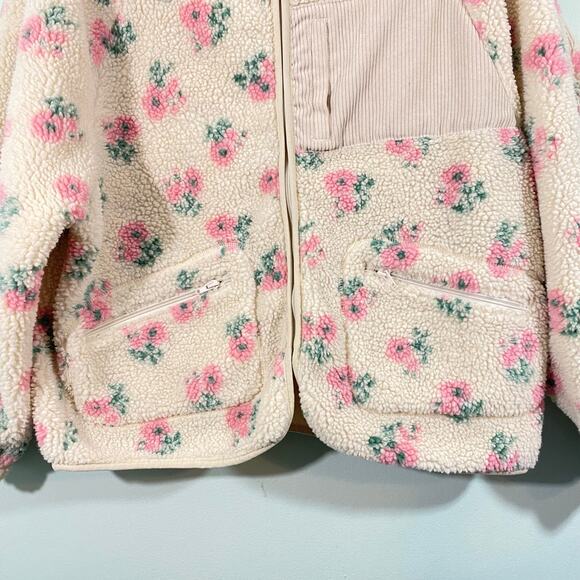 New In Women Cream Floral Print Corduroy Inserts Full Zip Sherpa Jackets Size M - Picture 4 of 9